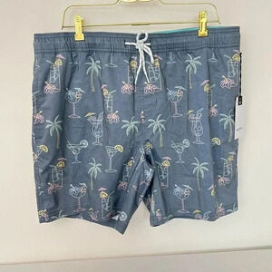 Swim Trunks Cpocktail Time Print Size Large Built -In Brief Blue 7" Inseam New